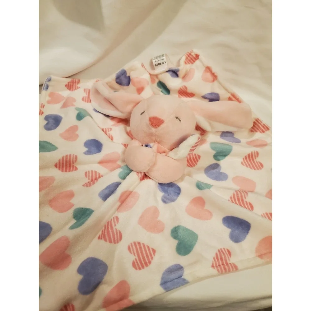 Carters Pink Bunny Rabbit‎ Hearts Plush Baby Security Blanket Lovey 2016